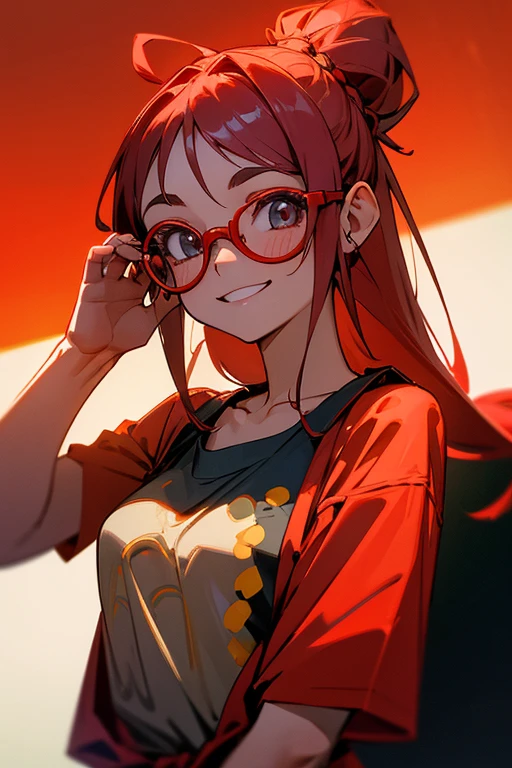 One girl, Idol, close, clavicle, ,, photograph, movie, Depth of written boundary, Skin Texture, T-Shirts, rubber band, Topknot, Long Hair, (cute)、(smile)、(Red glasses)、