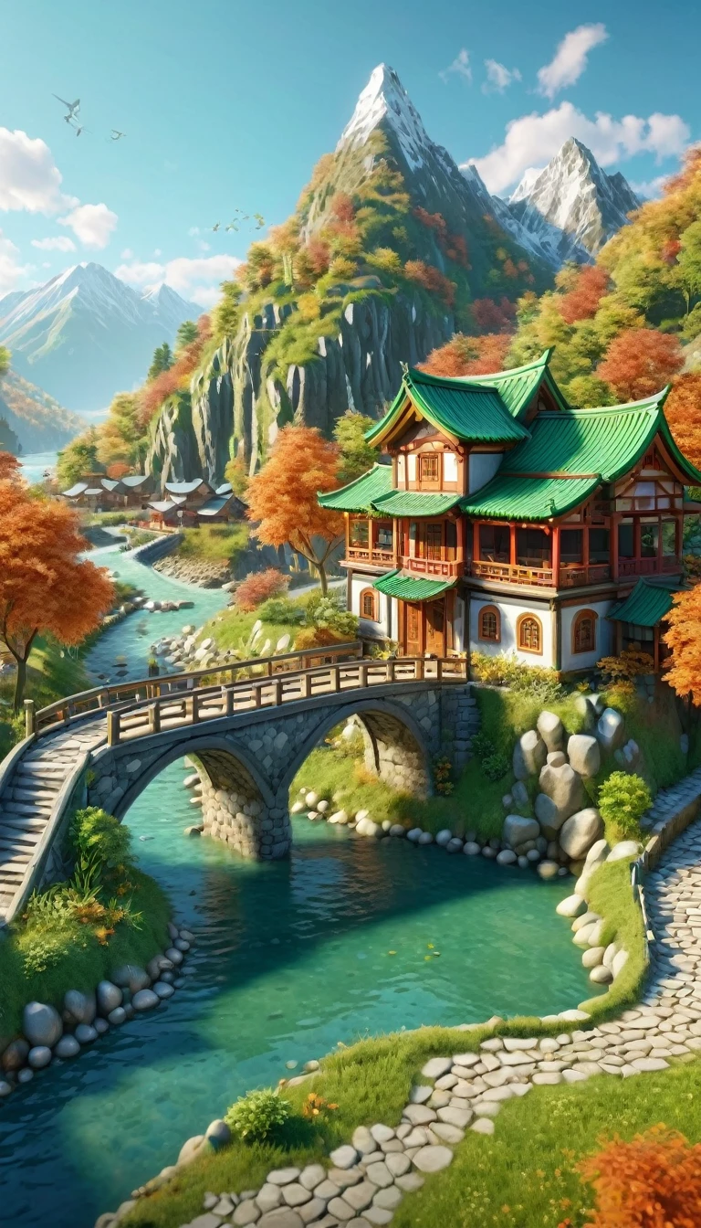 (Isometric Art:1.5),The art of math,Green mountains and clear waters,(Mountains、Fall:1.6),Around the mountain road,Ancient bridge,pavilion,river,Small boat,small village,(high quality,Masterpiece,Octane Rendering,Ray Tracing,Extremely detailed,3d,8k:1.5)