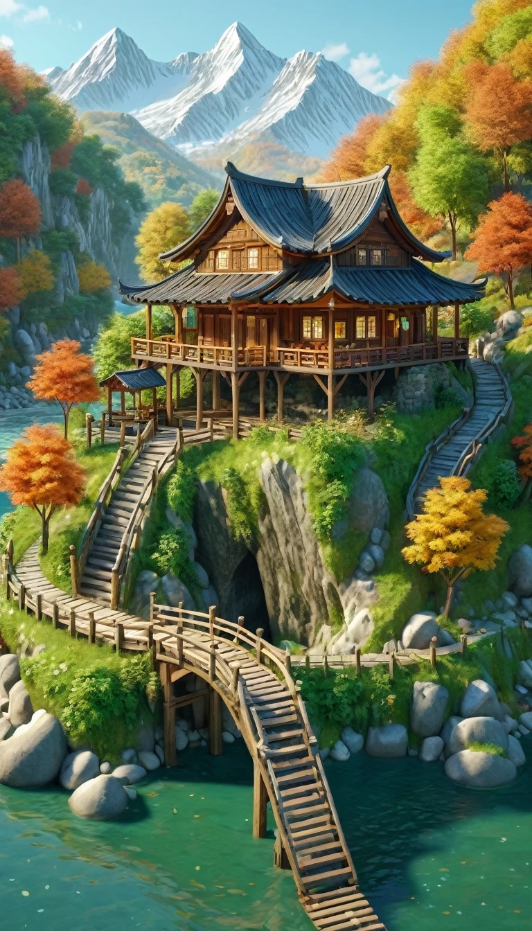 (Isometric Art:1.5)，The art of math，Green mountains and clear waters，(Mountains、Fall:1.6)，Around the mountain road，Ancient bridge，pavilion，river，Small boat，small village，(high quality，Masterpiece，Octane Rendering，Ray Tracing，Extremely detailed，3d，8k:1.5) 