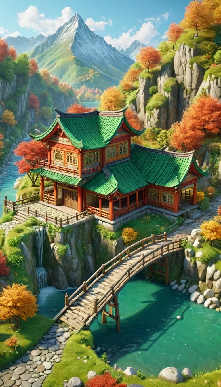 (Isometric Art:1.5),The art of math,Green mountains and clear waters,(Mountains、Fall:1.6),Around the mountain road,Ancient bridge,pavilion,river,Small boat,small village,(high quality,Masterpiece,Octane Rendering,Ray Tracing,Extremely detailed,3d,8k:1.5)