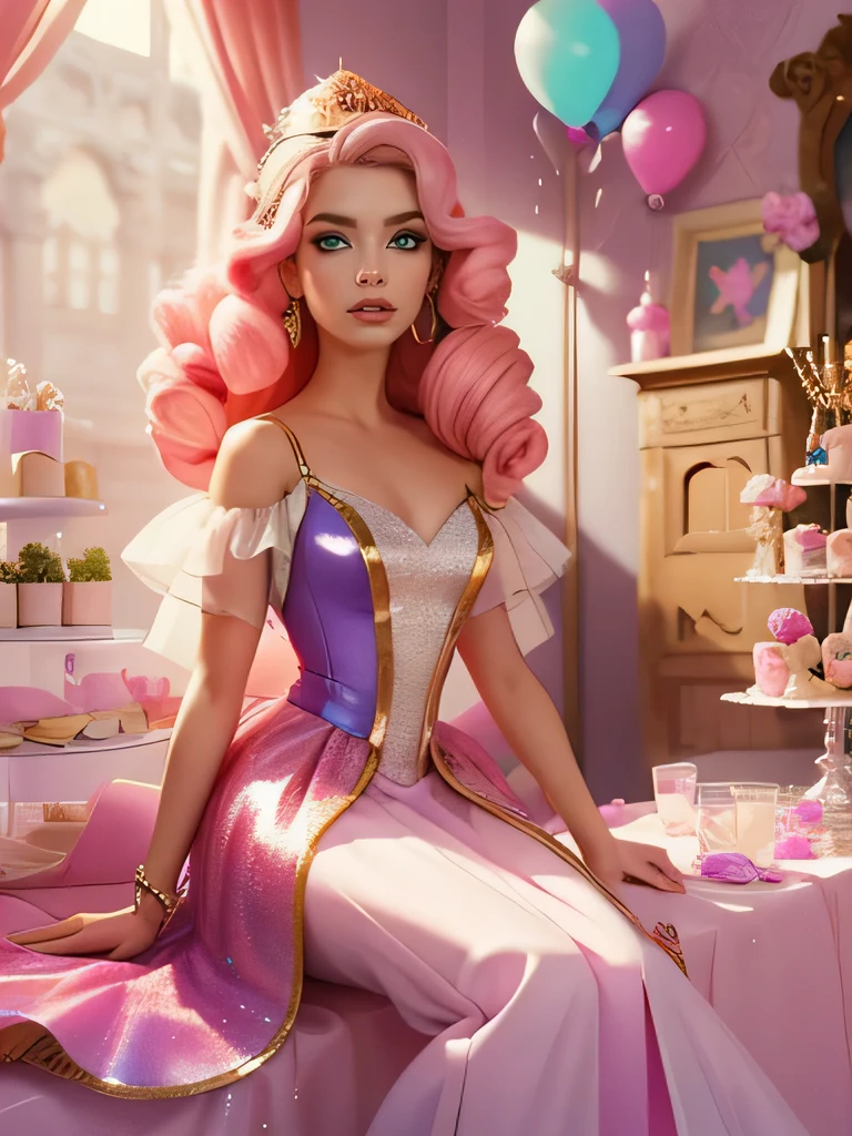 tmasterpiece，Best resolution，8k wallpaper，offcial art，barbiecore，golden curly hair，Pink crown，Charming princess，sparkle in eyes，The smile is bright，half-body portrait。The background is themed around the dream world of Barbie，There are rainbows、Sweets and a variety of beautiful flowers。In pink，Sweet，dream magical。