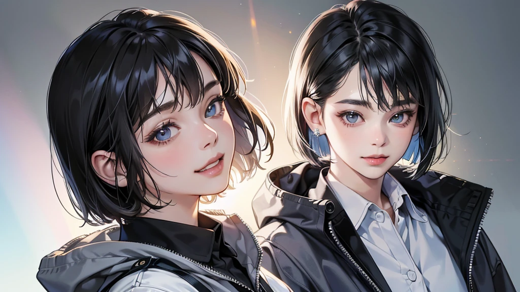 (perfect anatomy:1.2)(absurdres, highres, ultra detailed),masterpiece,best quality,high resolution,8k,Realistic face,Realistic skin texture,magnified textures, stunning clarity,detailed anime girl,(ultra detailed eyes and face),21years old,she is office worker,lunch time,イタリアンレストランにいる,city.,smile,grin:1.2,black hair, bob cut,natural make,grey jacket and pants,white brouse,light look at winfows,sparkling eyes.small nose,roundface,She looks happy,
