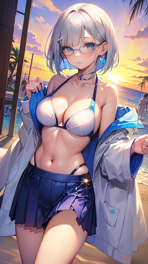 (((There are lots of people in swimsuits in the background)))、(((Silver bob with a bluish center))) (Square frame glasses)、 (((Sparkling blue eyeid-chest)(Bikini skirt swimsuit))(Background sunset beach)