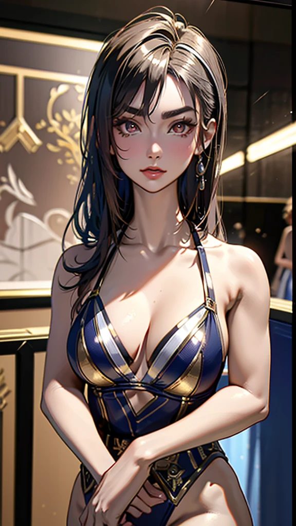 Headphones, red cheeks, detailed details (face, eyes, eyebrows, eyelashes) , fighting pause, official art, masterpiece, highest quality, portrait photo of one girl, , wearing a fight girl(herf bikini, silver color, metallic, ) 8k, colorful, semi short hair, high resolution, ( butt:1.2)(headphones:1.2), (excellent rendering, stands out in its class), (great detail, good lighting, wide angle), breasts (0.5), plump thighs, absolute area, detailed background, maro brows,
