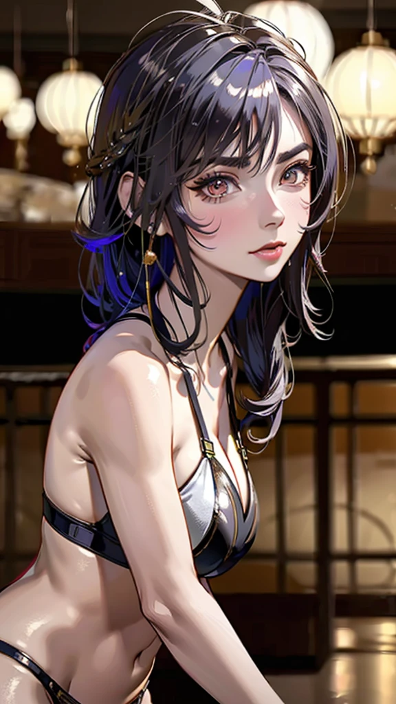 Headphones, red cheeks, detailed details (face, eyes, eyebrows, eyelashes) , fighting pause, official art, masterpiece, highest quality, portrait photo of one girl, 14-year-old girl, wearing a fight girl(herf bikini, silver color, metallic, ) 8k, colorful, semi short hair, high resolution, ( butt:1.2)(headphones:1.2), (excellent rendering, stands out in its class), (great detail, good lighting, wide angle), breasts (0.5), plump thighs, absolute area, detailed background, maro brows,