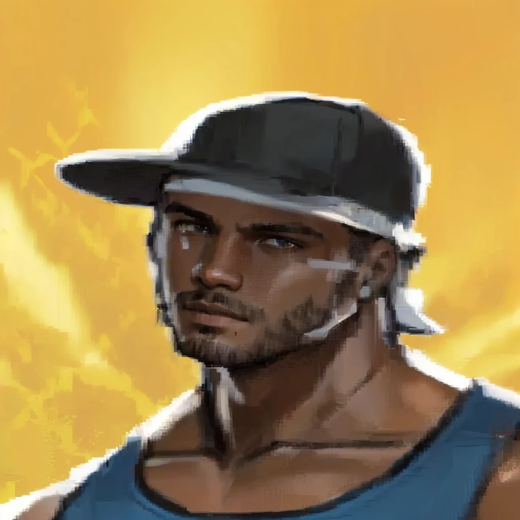 a close up of a person wearing a hat and a blue tank top, african jesse pinkman portrait, avatar image, as the protagonist of gta 5, as a character from gtav, 2 k, 2k, ( ( dark skin ) ), character icon, a portrait of the character, chad, character profile art, godsent, portrait of jerma985