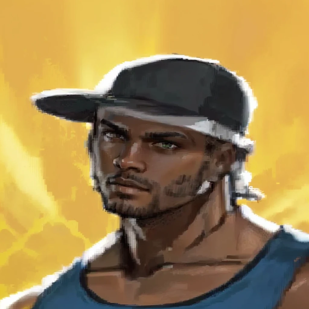 a close up of a person wearing a hat and a blue tank top, african jesse pinkman portrait, avatar image, as the protagonist of gta 5, as a character from gtav, 2 k, 2k, ( ( dark skin ) ), character icon, a portrait of the character, chad, character profile art, godsent, portrait of jerma985