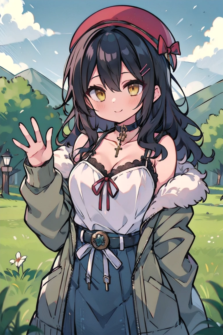 (masterpiece:1.2), (high quality:1.2), girls with((1girl, solo, black hair, yellow eyes, smiling, (wavy long hair, millitary beret, hairclips:1.45), blush, breasts, choker, cleavage, coat, cowboy shot, navy lace dress, camisole, ribbon waist belt, black ribbon belt, red bow, red ribbon, neck ribbon, collar, collarbone, rosary, rosary choker, cross, fur, fur trim, parka, khaki hoodie, green hoodie, khaki jacket, hood down, hooded coat, hooded jacket, hoodie, jacket, large breasts, long sleeves, medium breasts, open clothes, open coat,open hoodie, sleeveless, winter clothes, zipper, cleavage, upper body, hand up, waving, palm)), background with((architecture, blue sky, bush, castle, village, no humans, cloud, cloudy sky, day, field, garden, grass, hill, house, lamppost, landscape, mountain, mountainous horizon, nature, no humans, outdoors, scenery, shrine, sky))