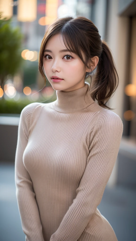 ((Browsing Caution))、(masterpiece:1.5)、(Realistic:1.5)、(Highest quality:1.4、8k、RAW Photos)、 Ultra-high resolution、Professional Lighting、Perfect dynamic composition、chromatic aberration、(Bokeh:1.1)、 Sophisticated、charm、超Realistic、Attention to detail、Golden Ratio、 (1 girl)、Slender girl、繊細でcharm女の子、Cute Woman:1.4、 Looking at the audience、Light brown hair、Shiny Hair、Hairstyle: Ponytail、 Realistic Skin、Beautiful Eyes、double eyelid、Thin arms、(She is wearing a ribbed turtleneck sweater dress.:1.3)、Beautiful legs