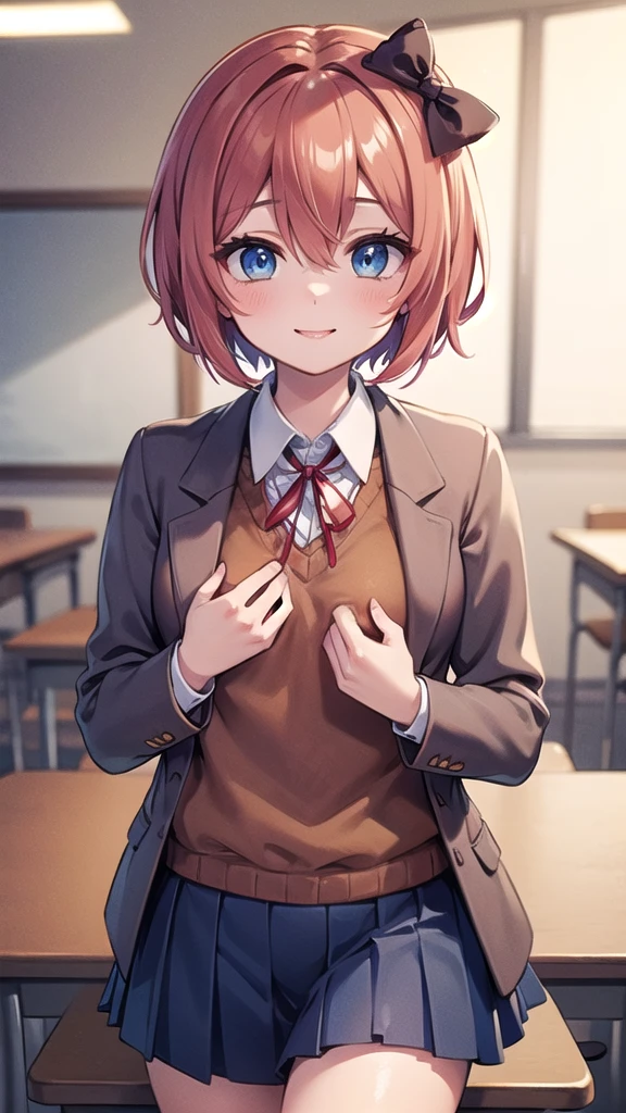 ddlcsayori, ddlcsayori, blue eyes, hair between eyes, hair bow, hair ornament, pink hair, red bow, short hair, (small breast:1.2),
BREAK blue skirt, pleated skirt, , skirt, brown jacket, jacket,
BREAK looking and smiling at viewer,
BREAK indoors, classroom,
BREAK (masterpiece:1.2), best quality, high resolution, unity 8k wallpaper, (illustration:0.8), (beautiful detailed eyes:1.6), extremely detailed face, perfect lighting, extremely detailed CG, (perfect hands, perfect anatomy),
