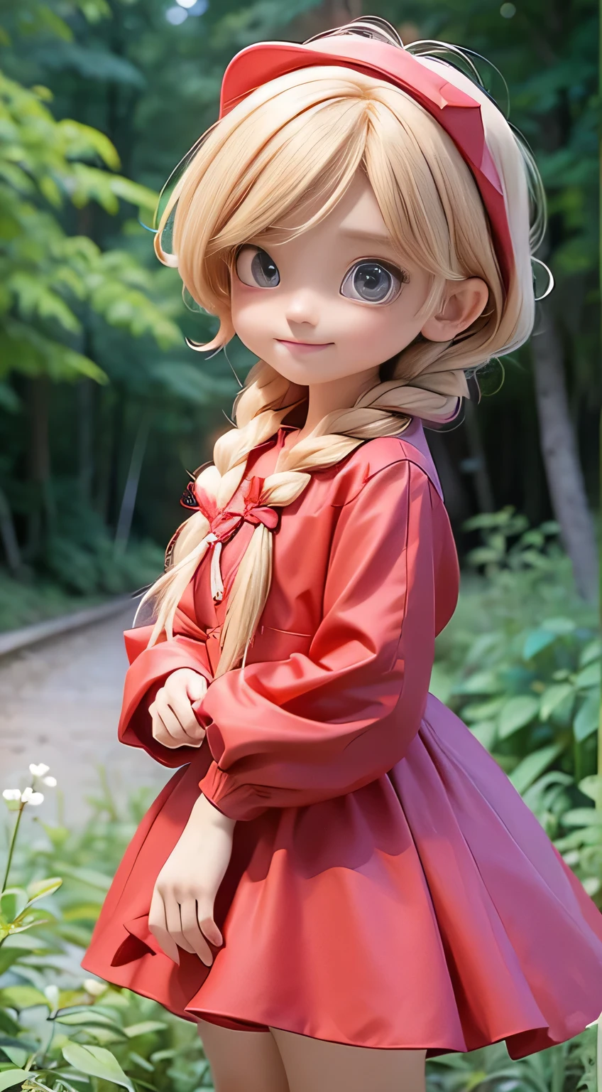 (Best Quality,4K,High resolution), Little pretty girl、red riding hood、((Wearing a red hood、Wearing a fairytale red dress、Blonde and short braided hair、))、Full body projection、ssmile、Chibi、Beautiful blue eyes、Comical depiction、kawaii illustration、busy、Colorful fairytale forest