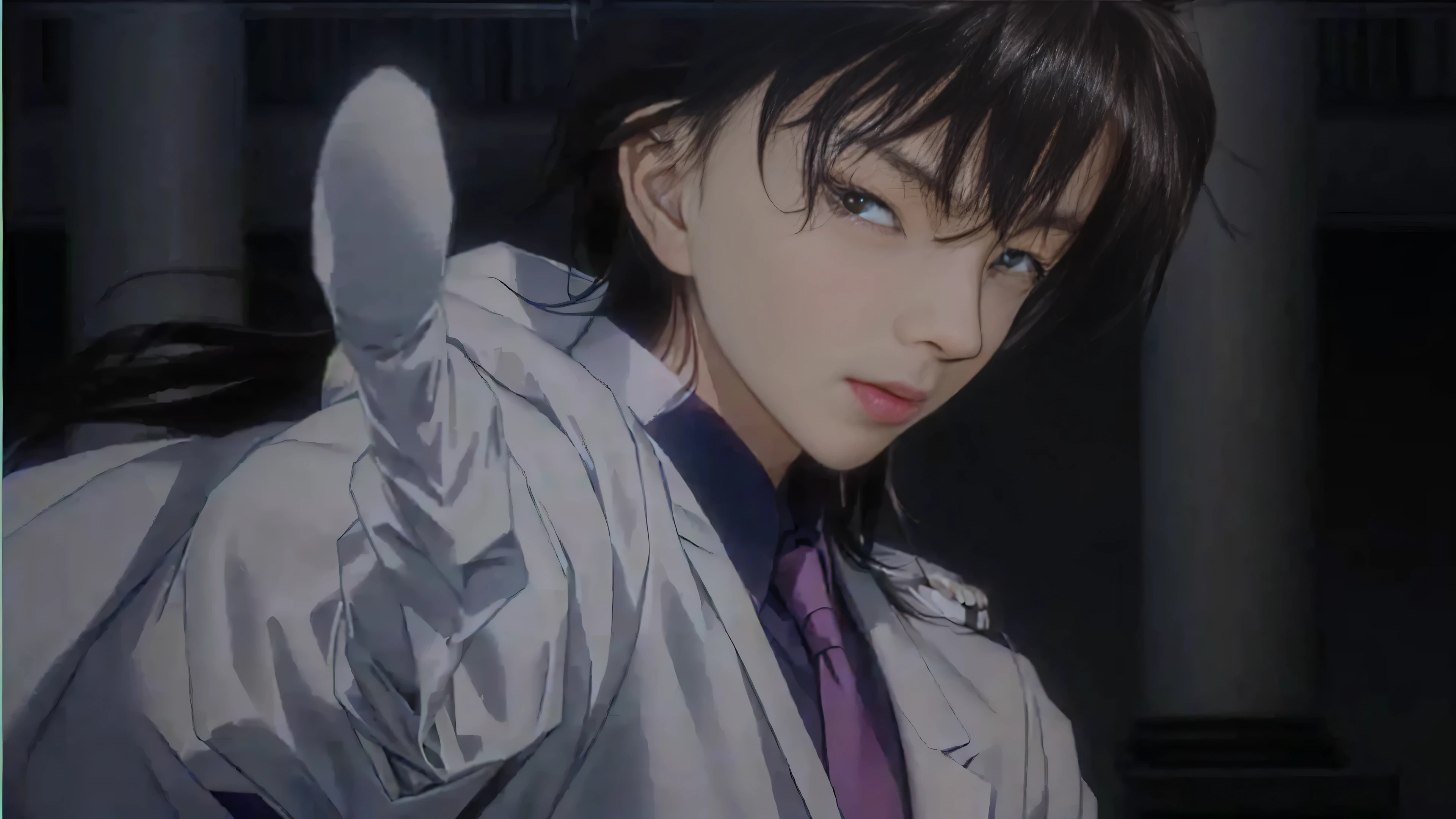 masterpiece, Highest quality, (Highly detailed CG Unity 8k wallpaper), (Highest quality), (Best illustrations), (Best Shadow), Absurd, Realistic lighting, (abyss), Beautiful sparkle, A cartoon character wearing a lab coat and tie and pointing at something, Shinji, Shinji ikari, makoto kano, aramaki Shinji, Another Iwakura, yukio - e, shinichi sakamoto, Another close-up of Iwakura, makoto shinka, Another close-up of Iwakura, With index finger, Wearing a white coat
