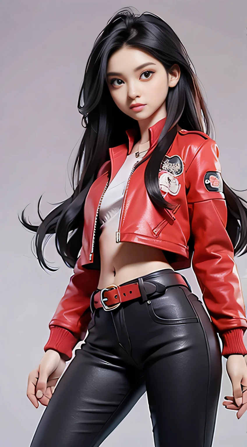 (Best Quality,4K,High resolution), Cool Girl、((Long straight hair with red highlights on black hair、Red jacket with intricate décor、Navel Ejection、cross belt、Tight leather pants、))、Full body projection、le、Battle Scenes、sharp eye、glares、Red Eyeliner、long lashes、Beautiful red eyes、Comical depiction、kawaii illustration、Bustling background、
