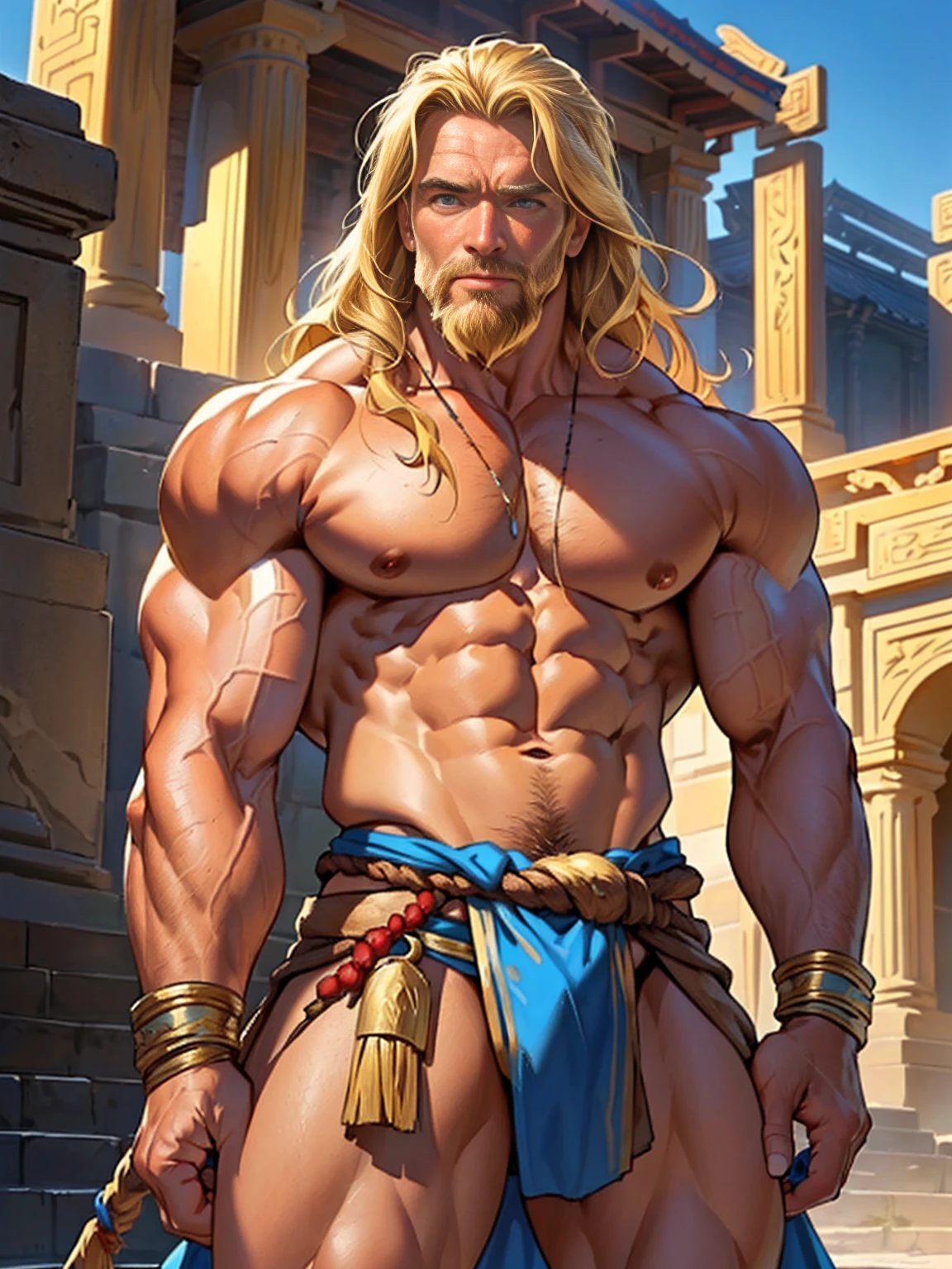 Highest quality, masterpiece, Ultra-high resolution,Detailed Background,alone,Arnold Schwarzenegger,Blonde,Blue Eyes,Long Hair,(loincloth), beard, an old man,temple