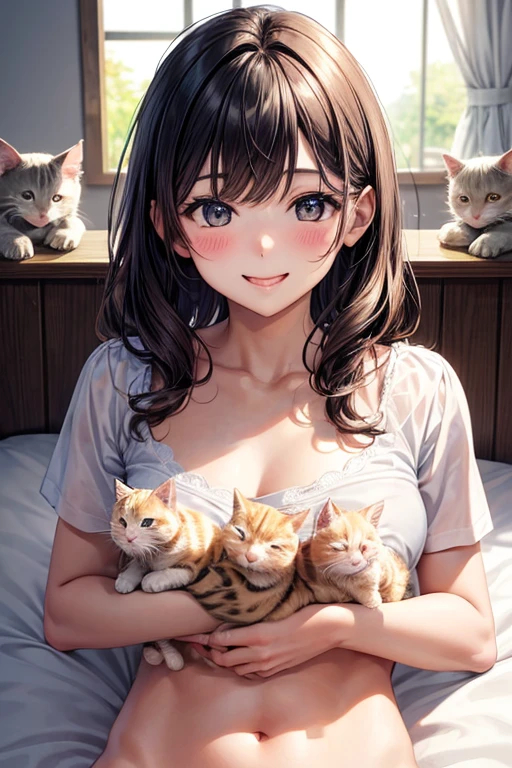 One man and three little kittens,Man surrounded by kittens,smile,Refreshing Men,とびっきりのやさしいsmile,Mouth wide open,猫もsmile
