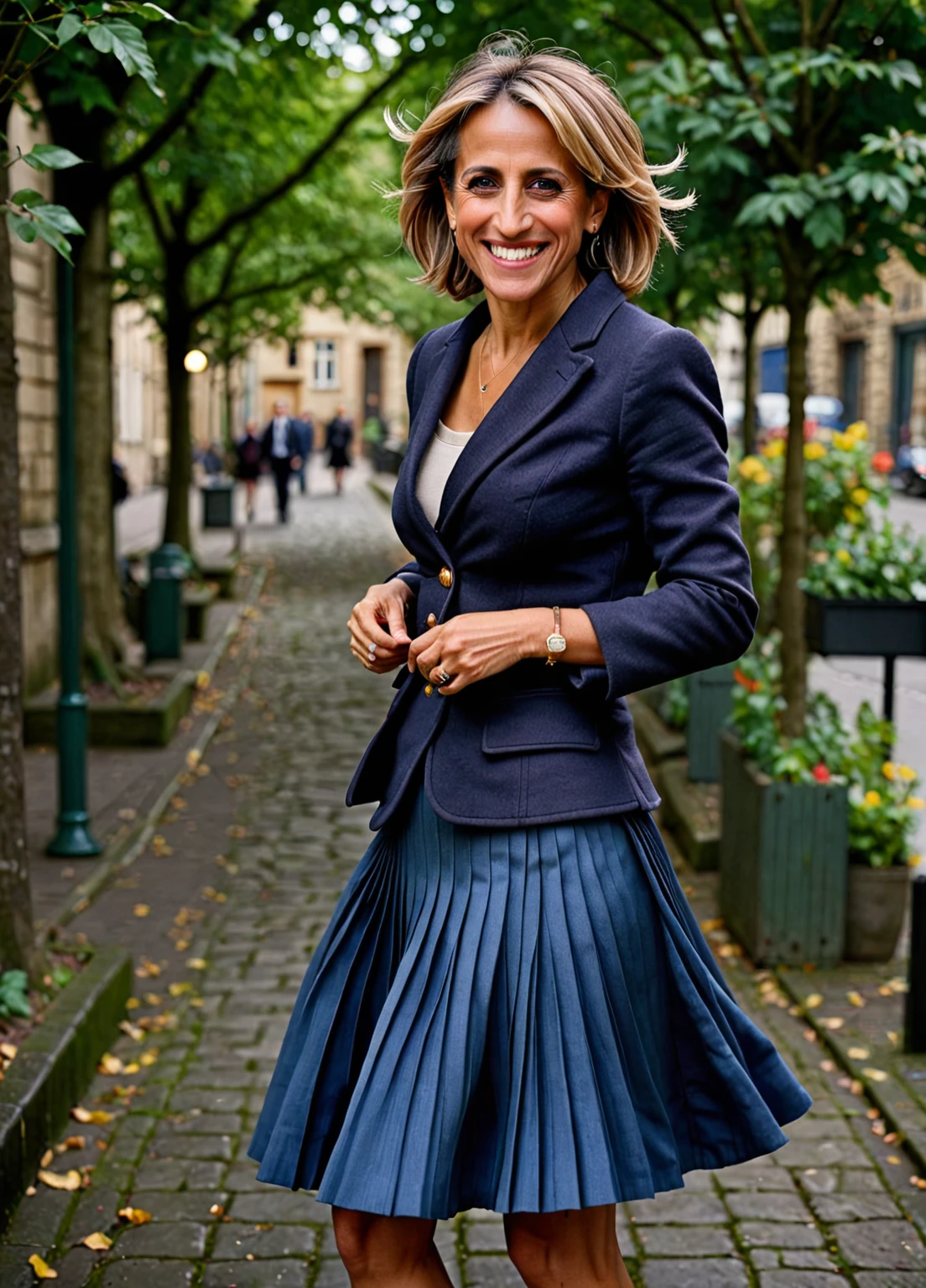 Emily Maitlis, A smiling, authentic, (shy:1,3), kind, beautiful woman, is passionately in love with her skirt, wind wildly lifts her skirt, wearing uniform jacket and very, very detailed (long (fully pleated) full circle skirt) and (low heeled court shoes), very, very intricate hyper-detailed symmetric (attractive graceful young feminine face) with (sad, tired eyes and a loving smile), very voluptuous breasts, full of empathy and compassion and love, (pronounced (feminine) features), (highly detailed ultra accurate realistic) hands and fingers, (windy), epic composition, highly detailed attributes, (35mm f1.4 Kodak portra 400 photograph), extremely high quality RAW photograph, highly detailed atmosphere, sci-fi, cinematic shot, dynamic lighting, 75mm, Technicolor, Panavision, cinemascope, sharp focus, fine details, 8k, HDR, realism, realistic, key visual, film still, superb cinematic color grading, depth of field
