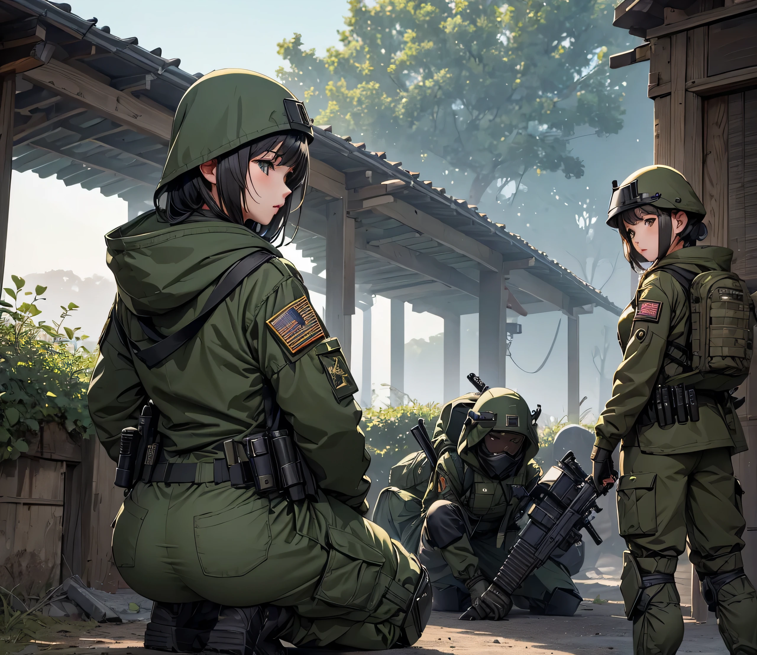 A group of female soldiers seen from behind,Side by side patrol、All wear dark green M-51 hooded military uniforms、Hooded on head、Military Pants、Knee pads,Write details、masterpiece、best quality、Highly detailed CG、8K picture quality