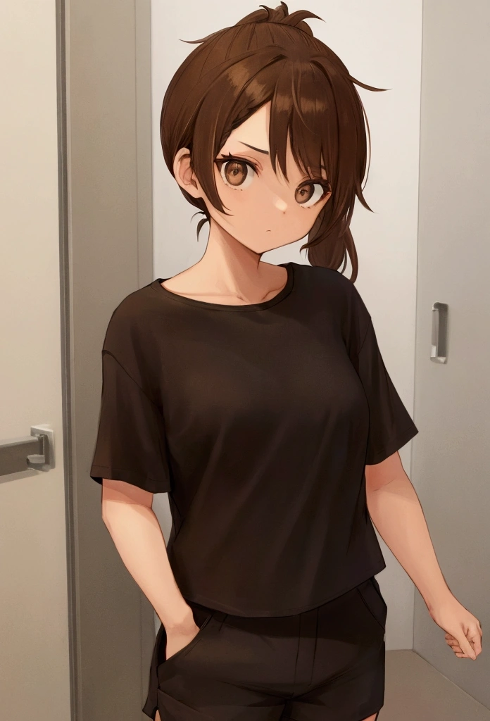 Brown hair, pulled back into a ponytail, Brown eyes, blank look, bright skin, black T-shirt and black shorts
