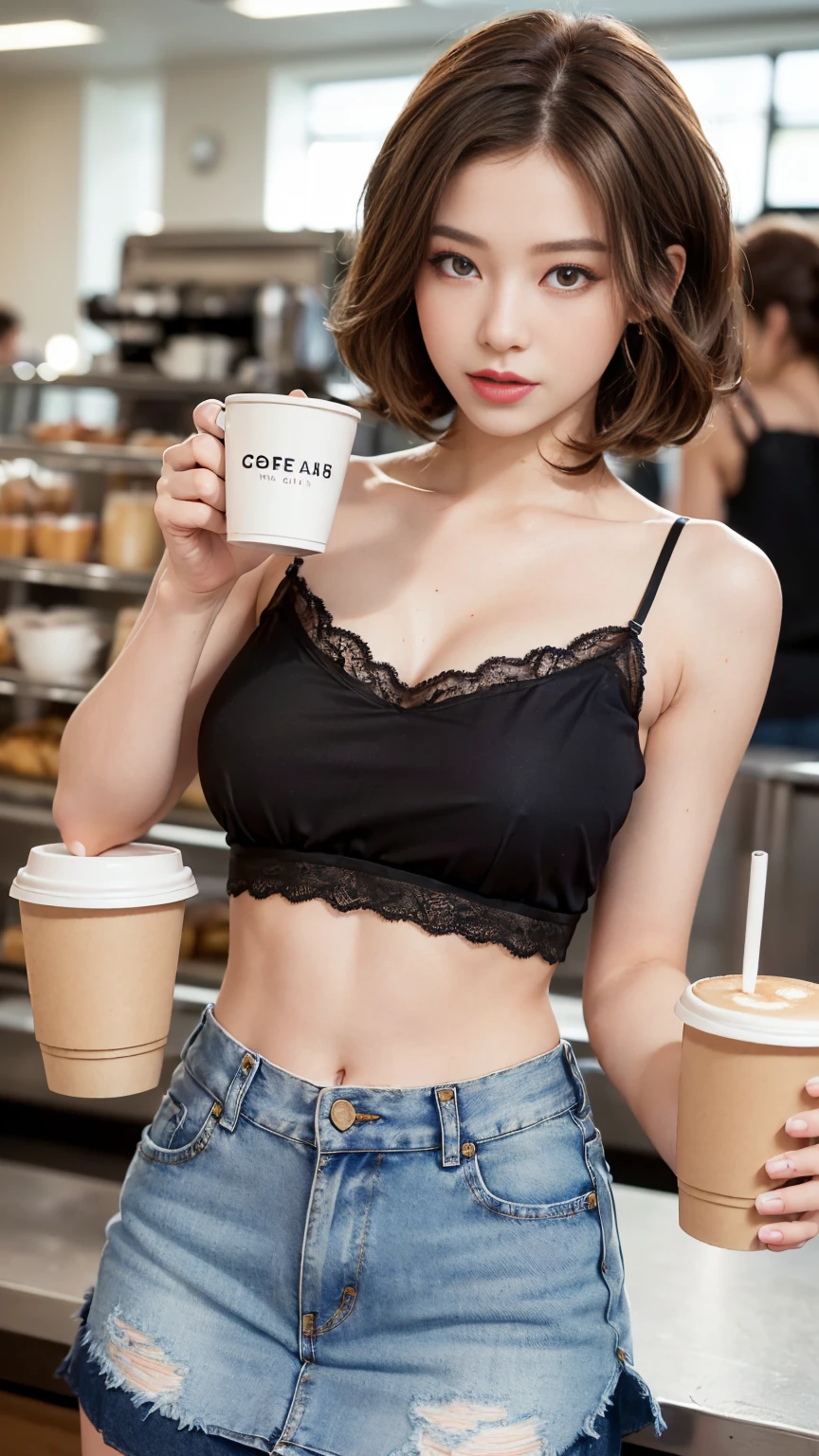 ((best quality, 8k, masterpiece :1.3)), (sharp focus :1.2, Beautiful woman with perfect body :1.4, slim abs :1.2), ((big bust, emphasize division:1.3)), (Photorealistic:1.4), (realistic:1.4), (cute hairstyle, light brown hair:1.5), Highly detailed face and skin texture, fine particles, double eyelid. makeup face, a little lipstick, Sex appeal, sexy etching pose, ((Black lace camisole and denim mini skirt、Cafeteria in the background、She poses with her camisole down, exposing her shoulders, and holding a coffee cup......。:1.3)