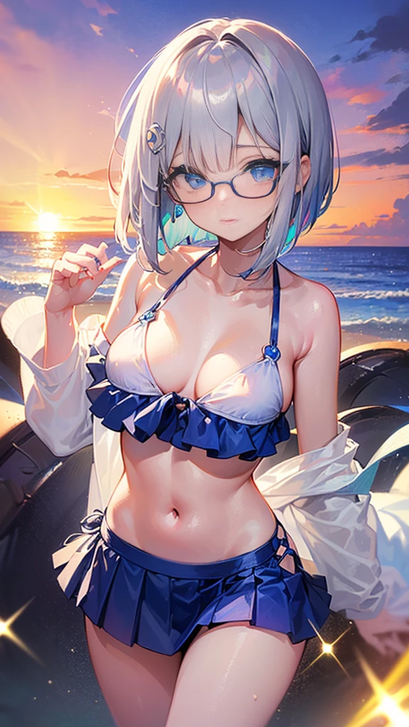 (((There are lots of people in swimsuits in the background)))、(((Silver bob with a bluish center))) (Square frame glasses)、 (((Sparkling blue eyeid-chest)((Bikini Skirt))(Background sunset beach)