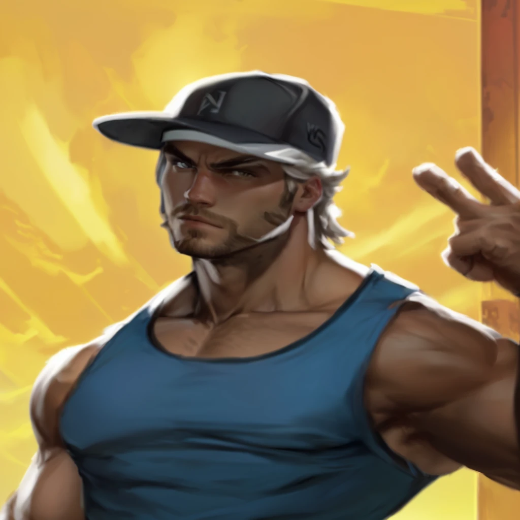 cartoon of a man in a baseball cap and tank top, heavy gesture style closeup, buff man, name of the character is chad, technoviking male with no shirt, african jesse pinkman portrait, very buff, avatar image, heavy looking, inspired by Daryush Shokof, beefcake pose, fighting game character, as the protagonist of gta 5