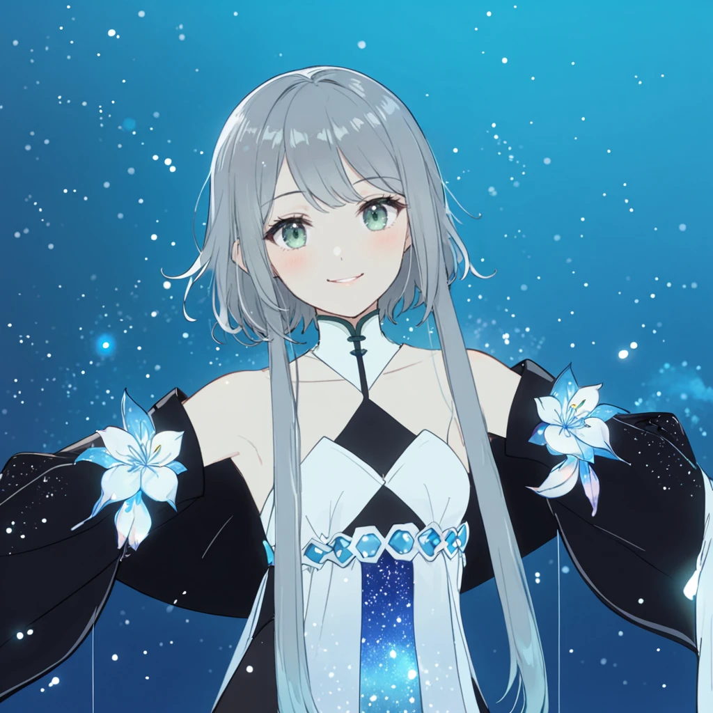 1girl, guizhong_\(genshin_impact\),light grey hair,short_hair_with_long_locks,starry_sky_print,detached_sleeves, long sleeves that drape over hands past fingers,dancing,hanfu,pale green-grey eyes,stunning field of softly glowing blue and white glaze lilies,night scene,gentle smile,moonlight,glossy lips,soft anime coloring,cel shading,smooth, soft dreamy focus,anklet,halter_top,white clothes,highly detailed,digital painting,field of flowers,bare_shoulders,mihoyo,barefoot,cool night tones, magical night scene,masterpiece, best quality, film, bokeh, multicolored light particles,professional, 4k, highly detailed,fireflies,Guardian nebula of rainbow light and silvery vapor,ai-generated,goddess of stardust,realistic:.25,starry_sky,milkyway