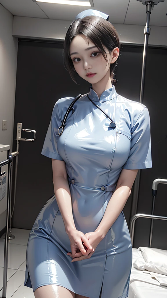 (masterpiece, highest quality, highest quality, official art, beautiful and aesthetic:1.2), Cinematic lighting、(Key light at 45 degrees from the front,Orange fill light、Soft blue backlight、Strong shadows、Blue and orange color palette), accurate human body、detailed person、Correct five-finger、4K - ultra-vivid、highest quality, masterpiece, ultra high resolution, detailed background、perfect background、
(((oil skin,sparkling skin、realistic skin texture、detailed beautiful skin、shiny skin、Slimy skin、shiny skin、shiny skin)))、
cowboy shot:1.2, camera angle is low, Depth of the bounds written, Focus on the center, fine eyes, perfect face and eyes、
, white skin, real human skin, (be familiar with), oval face, pore, ultra high resolution, (8K, RAW photo, realistic: 1.4), one girl, slim, (Gentle, goddess-like eyes) happiness: 1.2), (lip gloss, eyelash, gross face, highest quality, ultra high resolution, wide lighting, natural shading)、sexy nurse、Absolute area、long beautiful thin legs、low length、hospital、hospital room、Have a medical record、sexy look:0.8