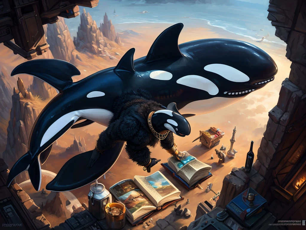 (Orca:1.5), spacesuit, (jumpsuit), (pointy ears), (solo:1.4), An orca with pointy ears in hi-tech spaceship reading a book,, (absurd res), ((ultra high resolution)), (((masterpiece quality))), ((isometric view)), ((breathtaking painstakingly detailed background)), ((impressive lighting)), ⫷|⫸ foxovh, sligarthetiger, cumbread, gammainks, seibear, lollipopcon, dizzyknight, greasymojo, xpray, roly, honovy, taran fiddler, kenket, riendonut, Bayard Wu, Thomas Benjamin Kennington, Duase, ⫷|⫸, jewelry, necklace, bracelet, earring, body accessory, ear accessory, arm accessory, neck accessory, (feet accessory), ⫷|⫸ (fuzzy furry body:1.6), (tall body), ((fur pattern)), ((exotic mammal)), (raised tail), slightly chubby anthro, (stunningly beautiful legs), (detailed face), long ears, (mature anthro:1.6),