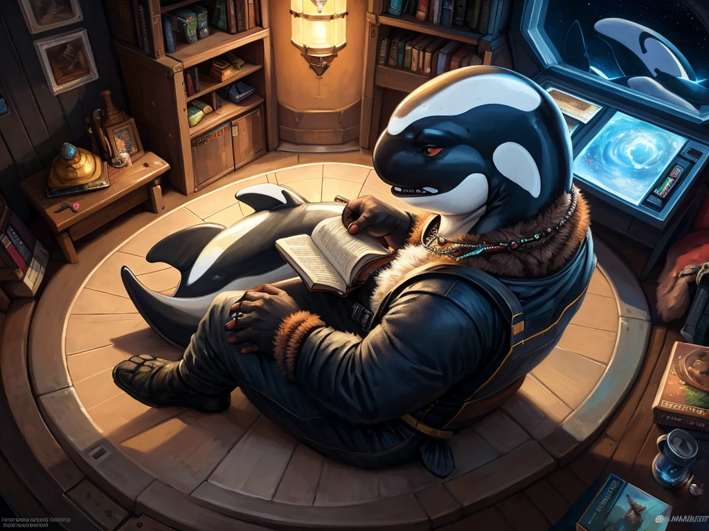 (Orca:1.5), spacesuit, (jumpsuit), (pointy ears), (solo:1.4), An orca with pointy ears in hi-tech spaceship reading a book,, (absurd res), ((ultra high resolution)), (((masterpiece quality))), ((isometric view)), ((breathtaking painstakingly detailed background)), ((impressive lighting)), ⫷|⫸ foxovh, sligarthetiger, cumbread, gammainks, seibear, lollipopcon, dizzyknight, greasymojo, xpray, roly, honovy, taran fiddler, kenket, riendonut, Bayard Wu, Thomas Benjamin Kennington, Duase, ⫷|⫸, jewelry, necklace, bracelet, earring, body accessory, ear accessory, arm accessory, neck accessory, (feet accessory), ⫷|⫸ (fuzzy furry body:1.6), (tall body), ((fur pattern)), ((exotic mammal)), (raised tail), slightly chubby anthro, (stunningly beautiful legs), (detailed face), long ears, (mature anthro:1.6),