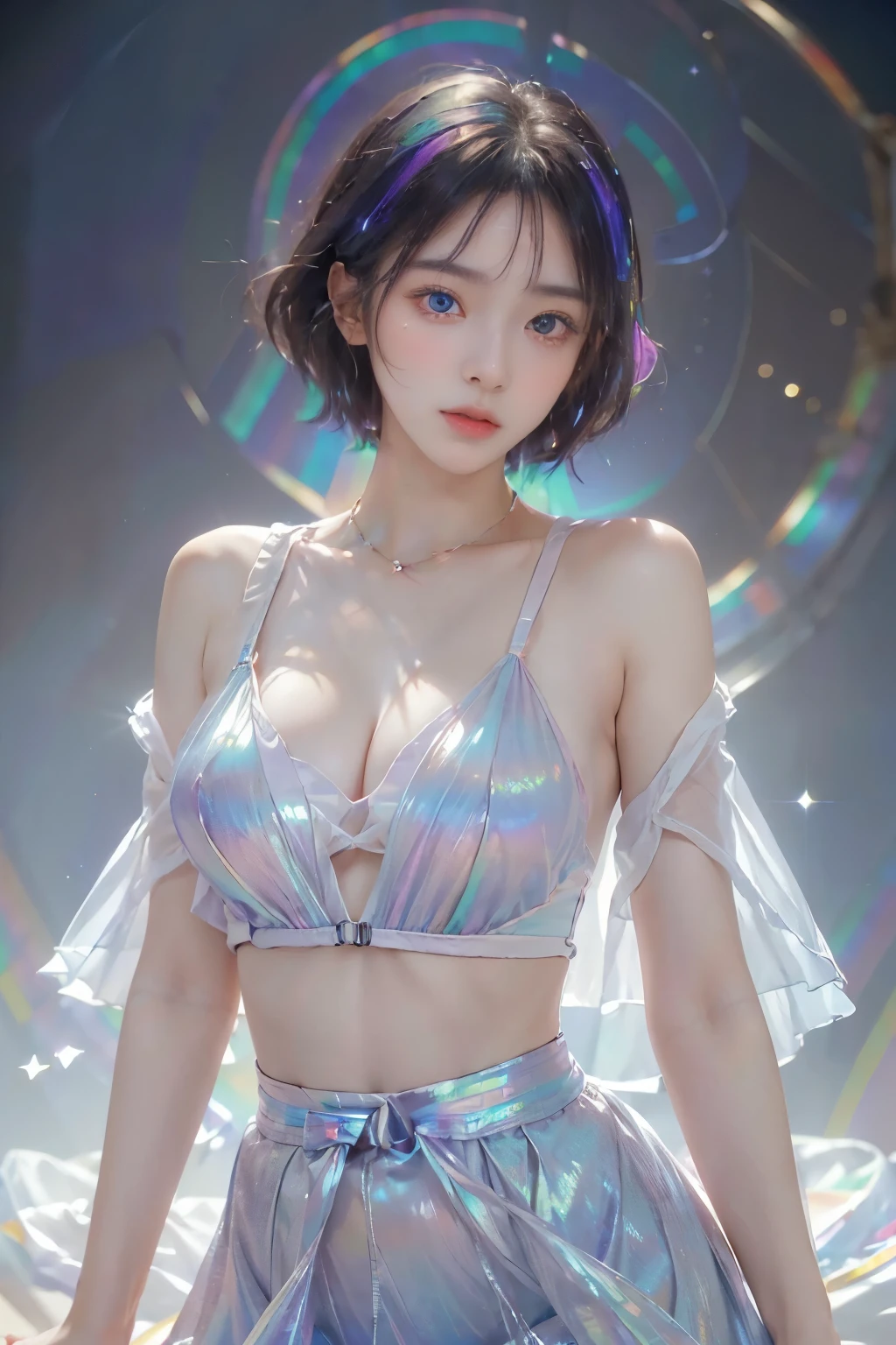 ((iridescence)),((Highest quality, 8k, masterpiece :1.3)), 1 innocent girl:1.3, (short hair,Beautiful breasts :1.2 , Highly detailed face, Beautiful Eyes, double eyelid,whole body,Cute Face,(Realistic Face),(Realistic Skin),Smart Body,half Japanese and half European,Innocent face,(rainbow color),Ultra mini skirt