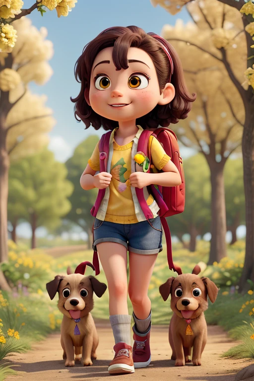 An incredibly carrying a backpack, accompanied by her adorable puppy, enjoying a beautiful spring walk surrounded by beautiful yellow flowers and natural scenery.  with highly detailed facial features and cartoon-style visuals, (butterfly dance)