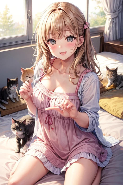 One man and three kittens,Man surrounded by kittens,smile,Refreshing Men,とびっきりの優しいsmile,Mouth wide open,blush,猫もsmile,bed