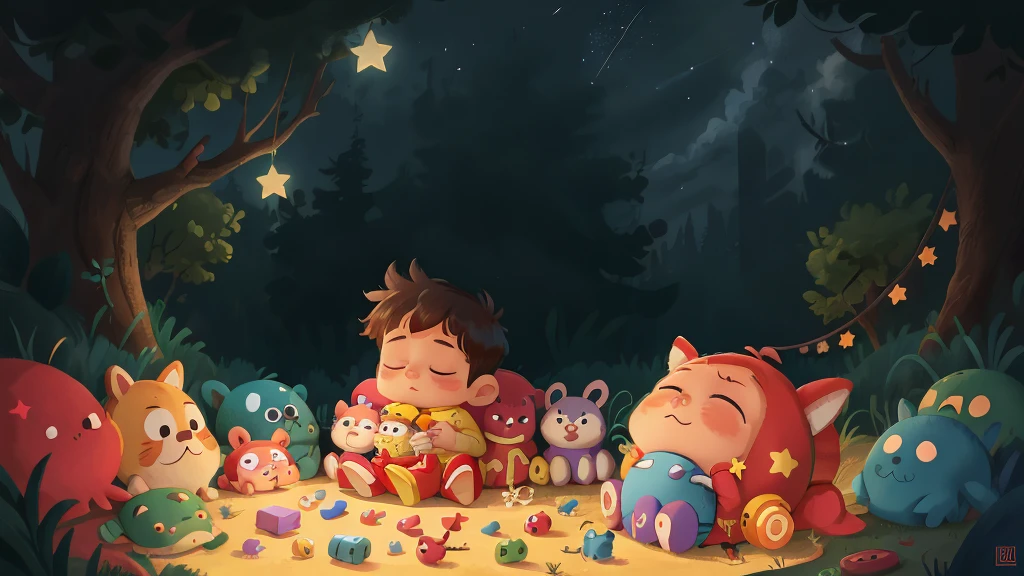 At night, in the darkness, under a sky full of stars, a newborn baby is fast asleep, with toys placed around him.