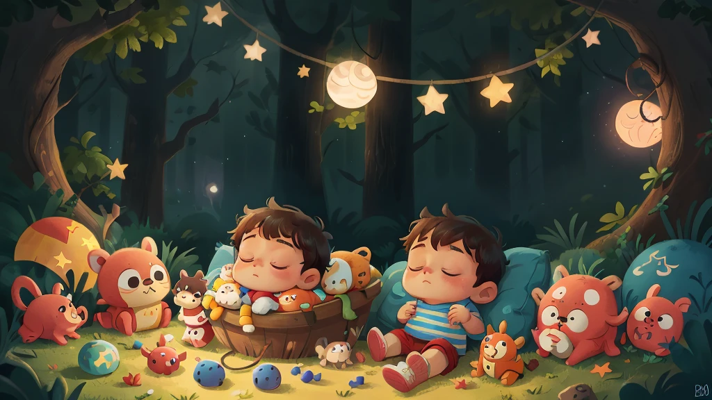 At night, in the darkness, under a sky full of stars, a newborn baby is fast asleep, with toys placed around him.