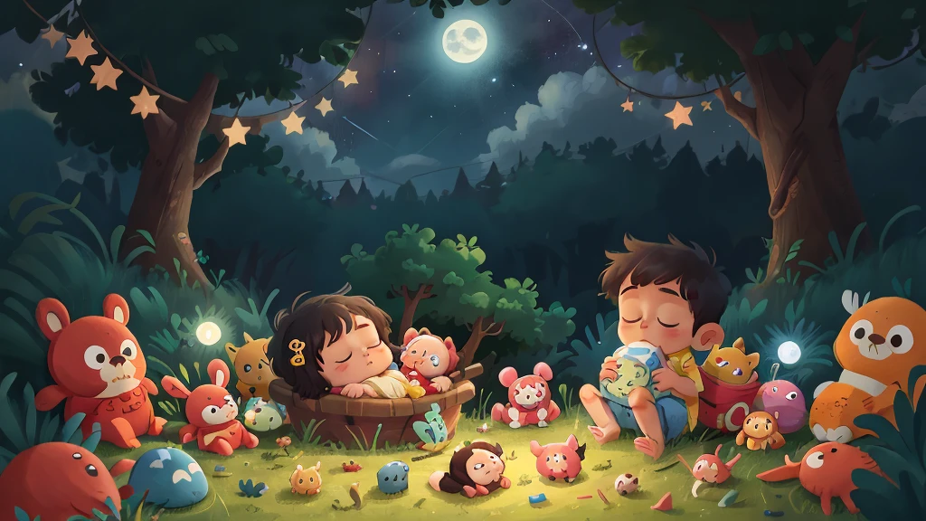 At night, in the darkness, under a sky full of stars, a newborn baby is fast asleep, with toys placed around him.