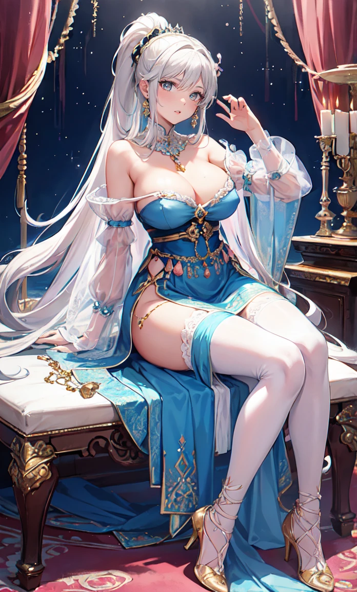 Noble Mansion,(gray hair:2.0),The ponytail is straight and tall.,Gold headband,stand close.,dream world,mature woman,(blue eyesฟีนิกซ์เรียวยาว,lipstick,Long eyelashes),Long eyelashes,contact lens,Gemstone Gold Necklace,(Off-the-shoulder blue fur dress,top of fur pipe,Strapless fur,wide wrist,long skirt,belt:2.0),top of fur pipe(big breast)Ballroom Background,(Soft light and shadow:1.9),High-heeled shoes made of fur,elegant high heels,Detailedly drawn background,holy goddess,มายากลal effect,silver hair,blue eyes,transparent dress,exquisite decoration,Features of the มายากลal costumes of the heavens,a small amount of blue cloth,exquisite clothes,Floor skirt,lace details,Delicate ruffles,bedroom,alone,at night,Lace stockings,sacred ?????,transparent clothes,decorated with jewelry,transparent,(Luxurious shine)、((puffy sleeves))、Long wrist,Show your navel,white embroidery,big breasts,Show your breasts,The cracks are clear....,((big tits)),(pubic bone), rift, visible chest,seductive pose,I see bulging nipples.,(((large areolae:1.4,pink,The nipples are clearly visible.......))),