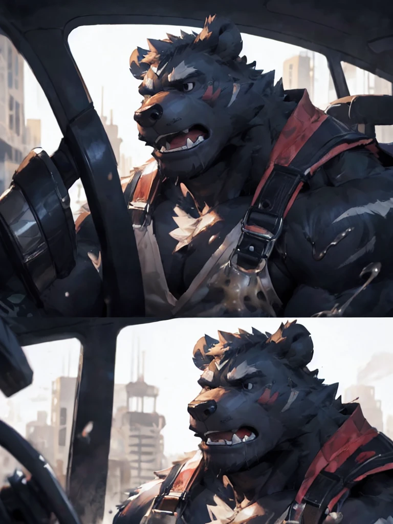 furry character,A very tall and strong bear,His fur is black,He sat in the driver's seat,His face looked frightened and he struggled,His mouth was blocked by a black sticky substance,He opened his mouth and tried to spit out the black goo,(black eyes:1.5),by null-ghost,by lindong