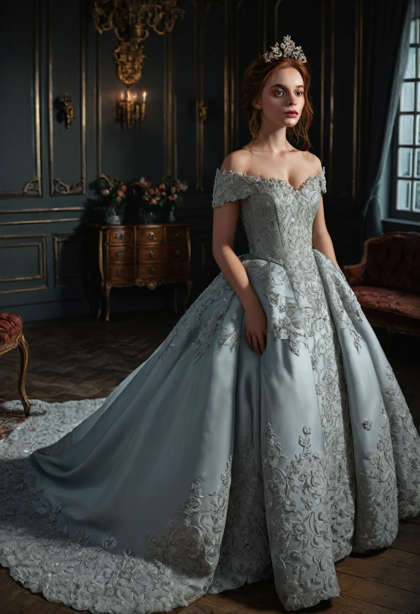 (8k, photo brute, of the highest quality), Belle fille, toe, gown, (detailed eyes:0.8), challenge512, (en regardant la caméra:1.4), (of the highest quality), (best shadow), intricate details, interior, roux:1.3, Studio sombre, muted colors, rooms