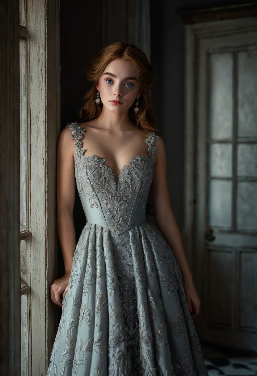 (8k, photo brute, of the highest quality), Belle fille, toe, gown, (detailed eyes:0.8), challenge512, (en regardant la caméra:1.4), (of the highest quality), (best shadow), intricate details, interior, roux:1.3, Studio sombre, muted colors, rooms