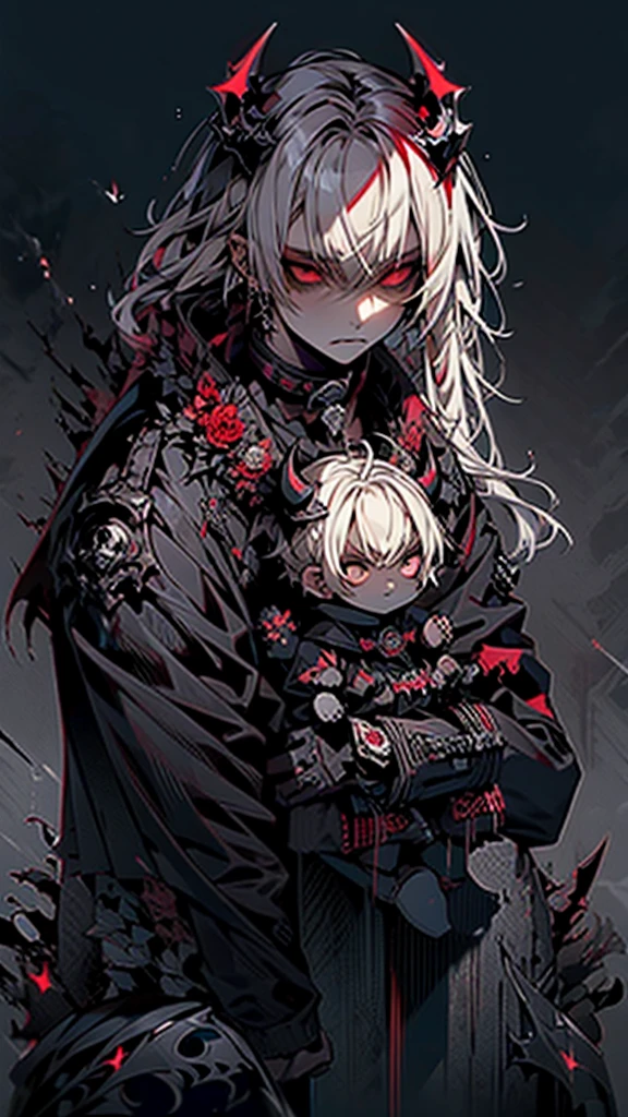 Anime style illustration of a boy (medium length white hair),(Completely black eyes with red pupils) (He wears a long black gothic coat), Black horns to the rear, jrpg, fantastical, pale skin, charmant, emotionless, fantastic , imaginative, visually appealing, Atmospheric ,wide, Flat lighting, 2d, cartoon, vector, art by Mschiffer, best quality, best resolution