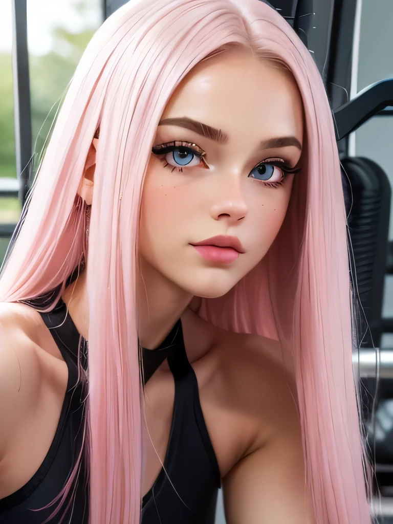 (best quality, masterpiece:1.2), medium body shot,photorealistic, ultra high res, (beautiful detailed eyes:1.3), reflections in eyes, symmetrical eyes, (beautifully detailed face:1.3), detailed lips:1, detailed iris, detailed skin:1, absurdres, dynamic angle, seductive pose, (tight sexy gym outfit:1.3), (1girl, skinny, most beautiful, cute, (gorgeous face:1.3), eyeliner, blush, big lips:1.9, long pink hair, silver eyes, slim waist, narrow shoulders, short torso, soft thighs), nature scene,
