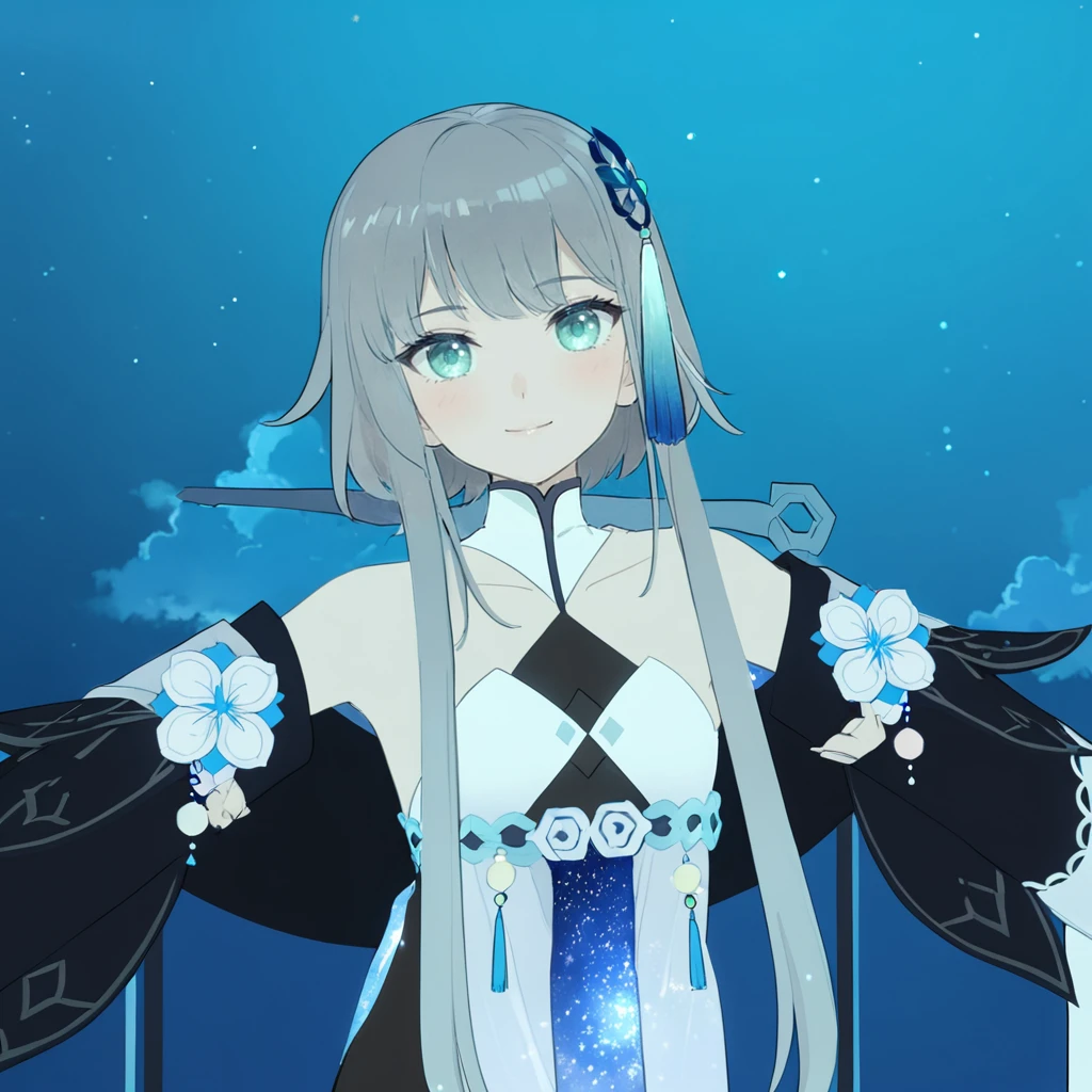 1girl, guizhong_\(genshin_impact\),light grey hair,short_hair_with_long_locks,starry_sky_print,detached_sleeves, long sleeves that drape over hands past fingers,dancing,hanfu,pale green-grey eyes,stunning field of softly glowing blue and white glaze lilies,night scene,gentle smile,moonlight,glossy lips,soft anime coloring,cel shading,smooth, soft dreamy focus,anklet,halter_top,white clothes,highly detailed,digital painting,field of flowers,bare_shoulders,mihoyo,barefoot,cool night tones, magical night scene,masterpiece, best quality, film, bokeh, multicolored light particles,professional, 4k, highly detailed,fireflies,Guardian nebula of rainbow light and silvery vapor,ai-generated,goddess of stardust,realistic:.25,starry_sky,milkyway