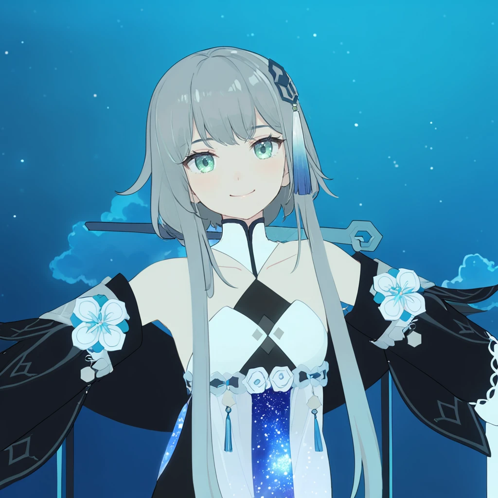 1girl, guizhong_\(genshin_impact\),light grey hair,short_hair_with_long_locks,starry_sky_print,detached_sleeves, long sleeves that drape over hands past fingers,dancing,hanfu,pale green-grey eyes,stunning field of softly glowing blue and white glaze lilies,night scene,gentle smile,moonlight,glossy lips,soft anime coloring,cel shading,smooth, soft dreamy focus,anklet,halter_top,white clothes,highly detailed,digital painting,field of flowers,bare_shoulders,mihoyo,barefoot,cool night tones, magical night scene,masterpiece, best quality, film, bokeh, multicolored light particles,professional, 4k, highly detailed,fireflies,Guardian nebula of rainbow light and silvery vapor,ai-generated,goddess of stardust,realistic:.25,starry_sky,milkyway