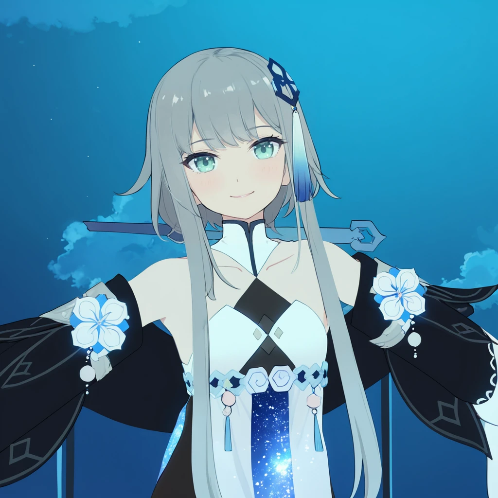 1girl, guizhong_\(genshin_impact\),light grey hair,short_hair_with_long_locks,starry_sky_print,detached_sleeves, long sleeves that drape over hands past fingers,dancing,hanfu,pale green-grey eyes,stunning field of softly glowing blue and white glaze lilies,night scene,gentle smile,moonlight,glossy lips,soft anime coloring,cel shading,smooth, soft dreamy focus,anklet,halter_top,white clothes,highly detailed,digital painting,field of flowers,bare_shoulders,mihoyo,barefoot,cool night tones, magical night scene,masterpiece, best quality, film, bokeh, multicolored light particles,professional, 4k, highly detailed,fireflies,Guardian nebula of rainbow light and silvery vapor,ai-generated,goddess of stardust,realistic:.25,starry_sky,milkyway