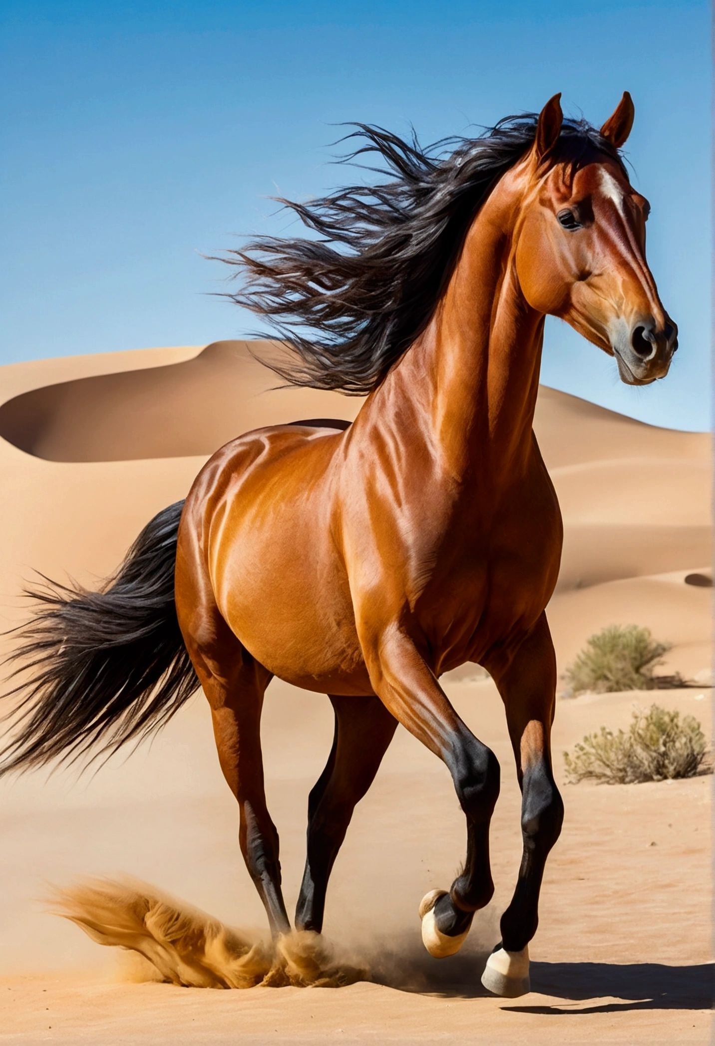 A majestic and vibrant horse runs freely in a vast arid desert. The horse has an extraordinary coat that displays all the colors of the rainbow, in a harmonious gradient that starts at the head and ends at the tail. The sky above is clear and blue, no clouds, and the sun shines brightly, casting soft shadows on the golden desert sand. Small dunes and some resistant plants complete the desert landscape, further enhancing the colorful and dynamic figure of the horse.


