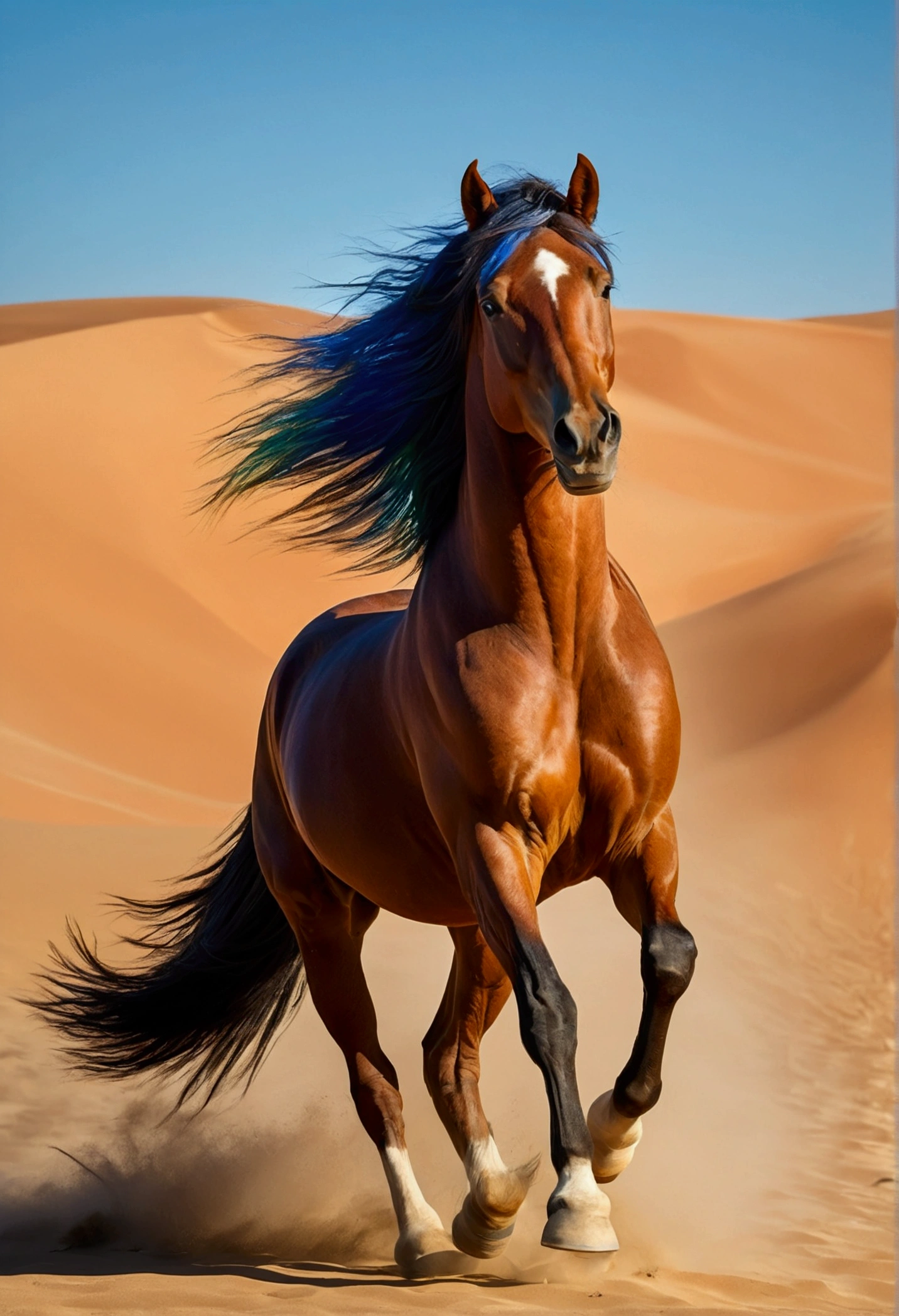 A majestic and vibrant horse runs freely in a vast arid desert. The horse has an extraordinary coat that displays all the colors of the rainbow, in a harmonious gradient that starts at the head and ends at the tail. The sky above is clear and blue, no clouds, and the sun shines brightly, casting soft shadows on the golden desert sand. Small dunes and some resistant plants complete the desert landscape, further enhancing the colorful and dynamic figure of the horse.