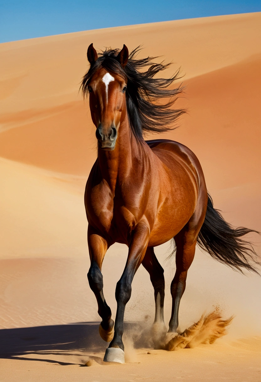 A majestic and vibrant horse runs freely in a vast arid desert. The horse has an extraordinary coat that displays all the colors of the rainbow, in a harmonious gradient that starts at the head and ends at the tail. The sky above is clear and blue, no clouds, and the sun shines brightly, casting soft shadows on the golden desert sand. Small dunes and some resistant plants complete the desert landscape, further enhancing the colorful and dynamic figure of the horse.

