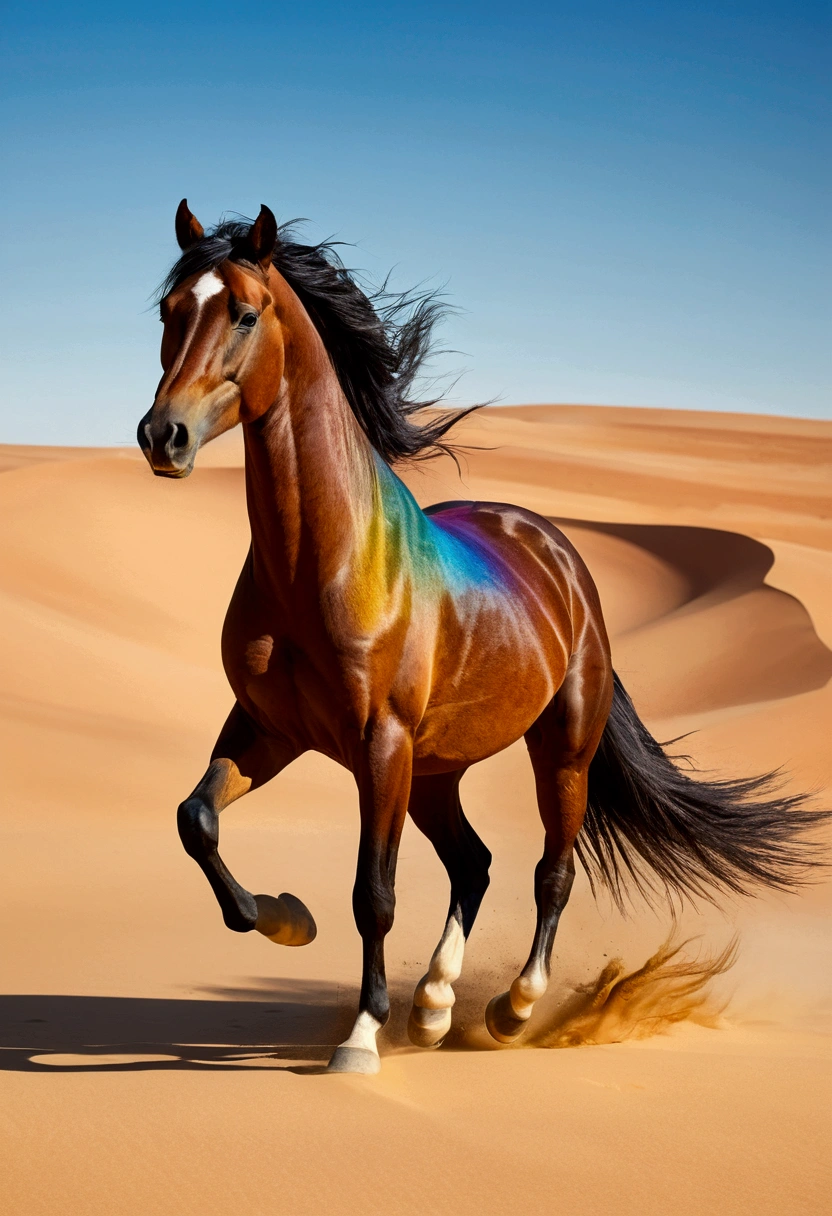 A majestic and vibrant horse runs freely in a vast arid desert. The horse has an extraordinary coat that displays all the colors of the rainbow, in a harmonious gradient that starts at the head and ends at the tail. The sky above is clear and blue, no clouds, and the sun shines brightly, casting soft shadows on the golden desert sand. Small dunes and some resistant plants complete the desert landscape, further enhancing the colorful and dynamic figure of the horse.