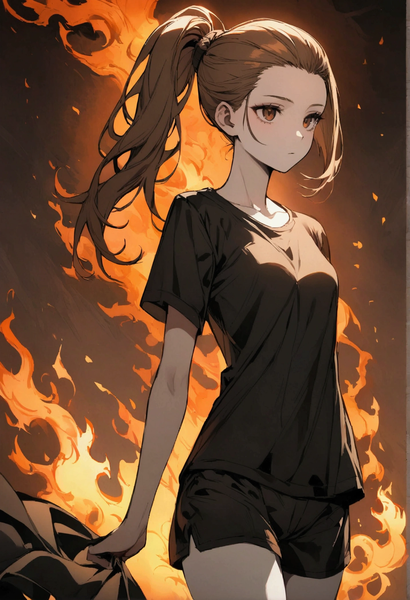 Brown hair, pulled back into a ponytail, Brown eyes, blank look, bright skin, black T-shirt and black shorts