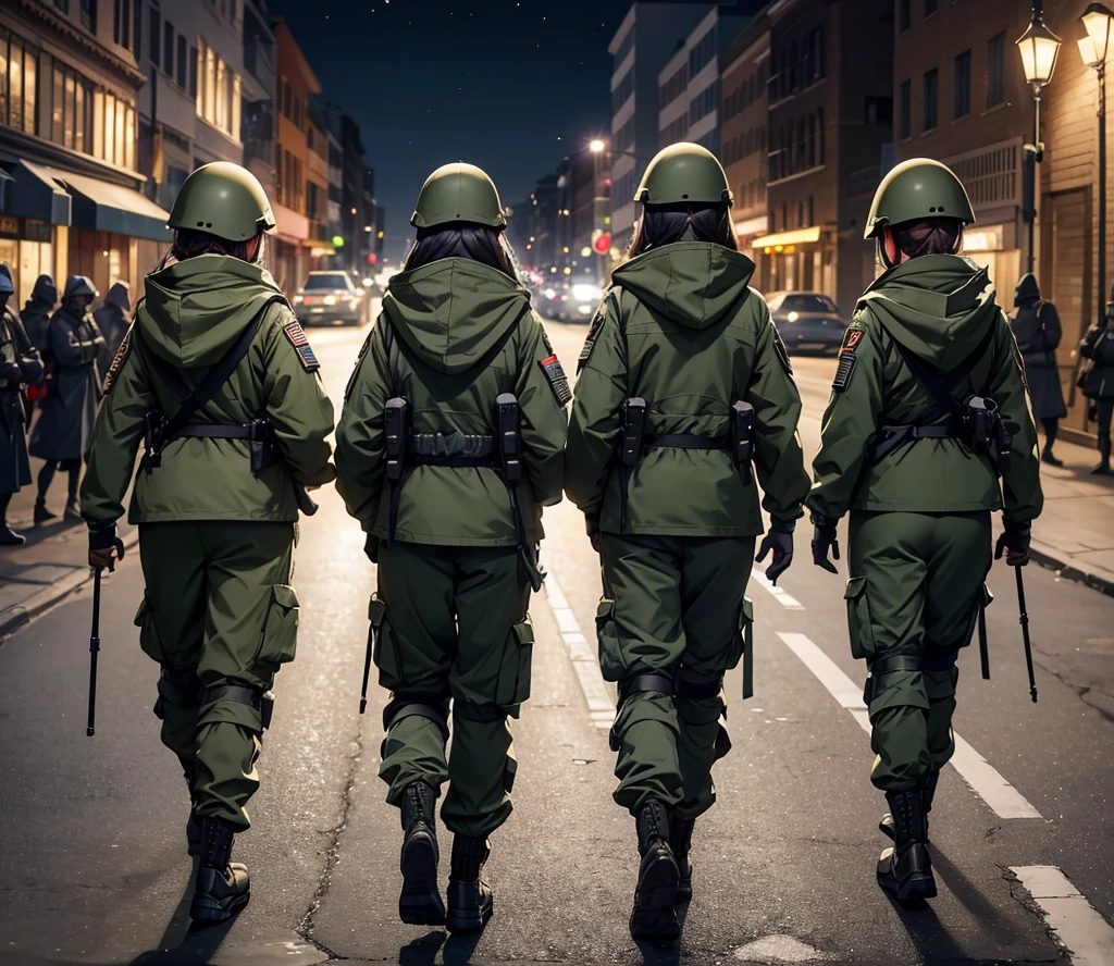 View from behind,A group of female soldiers walking side by side,All wear dark green M-51 hooded military uniforms、Hooded on head、Military Pants、Knee pads,Street at night,Write details、masterpiece、best quality、Highly detailed CG、8K picture quality
